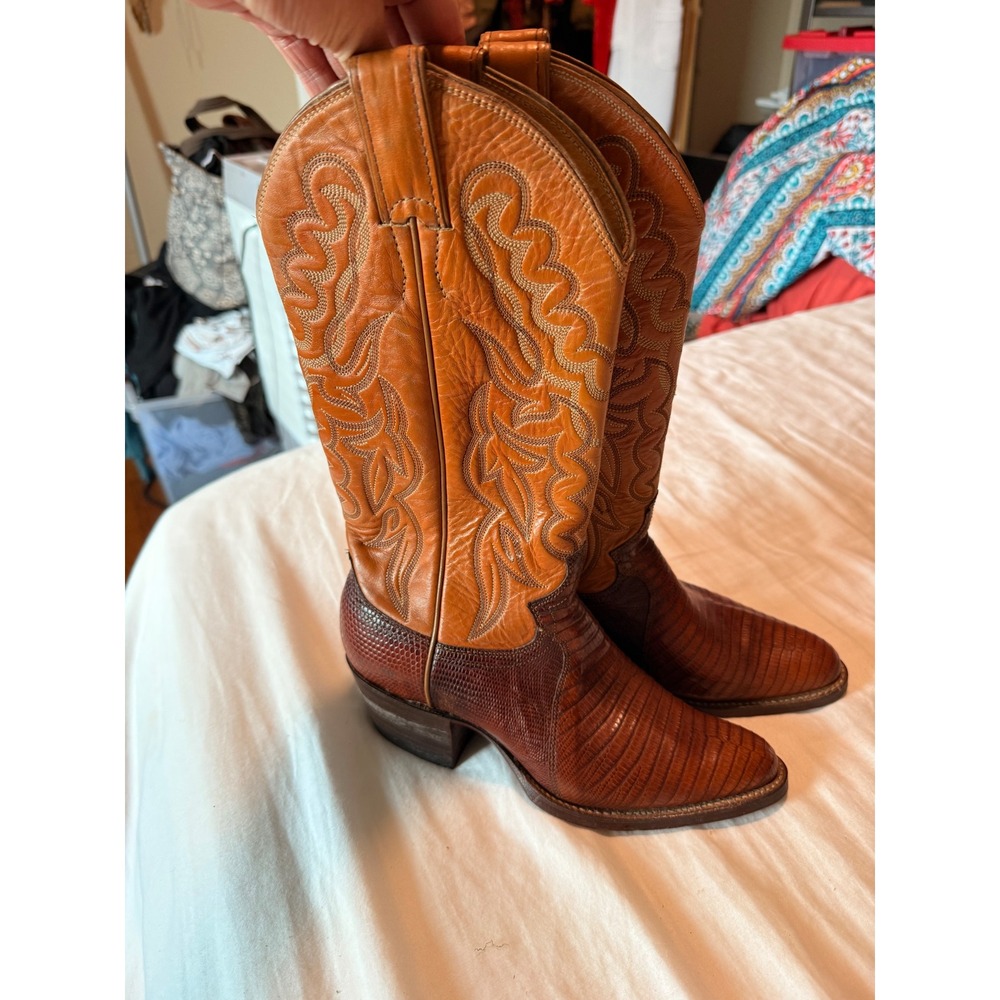 Vintage Justin Mens Lizard Skin Cowboy Boots Brown Tan Western Made in USA